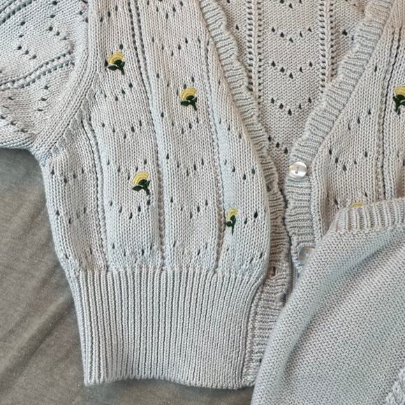 Blue Knit Tank Top & Cardigan Sweater Set Flowers Dainty M Pastel Floral - Picture 5 of 7